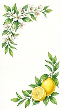Watercolor of lemon branches with white blossoms in the corner and ripe yellow lemons in the bottom corner, white background