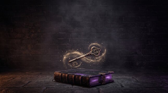 Mystic Halloween background with an enchanted key and old magic book illuminated by warm glowing light. Perfect for fantasy themes, horror designs, book covers, and seasonal promotions.