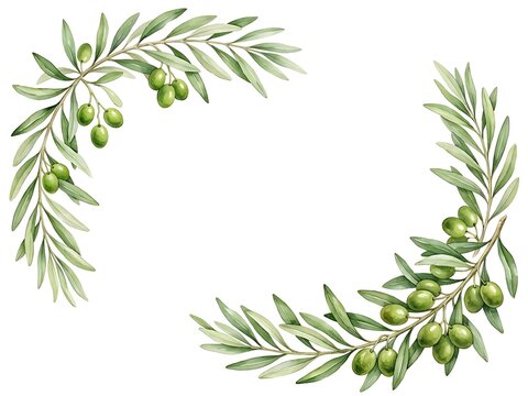 Watercolor of two curved olive branches with green leaves and ripe olives, arranged as a botanical frame on white background