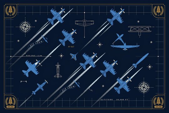 Blueprint style of various airplanes and fighter jets with flight paths, navigation compasses, and technical grid on dark blue