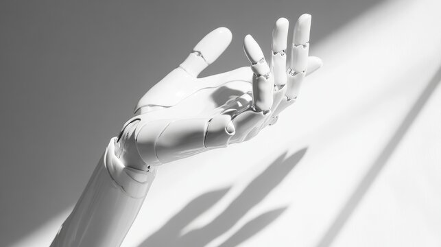 White Robotic Hand Poised in Gesture Against Minimalist Background
