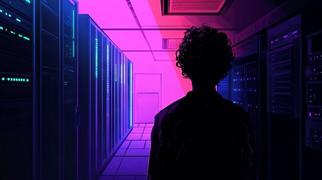 Person Standing in Server Room with Vibrant Lighting Effects