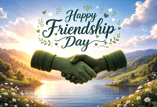 Happy friendship day celebration with handshake over beautiful nature landscape and serene lake background