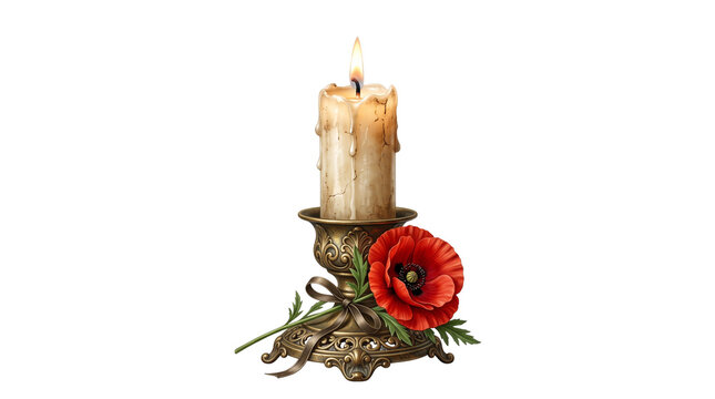 Vintage brass candlestick with burning wax candle and red poppy flower, antique bronze candle holder, memorial or remembrance still life isolated PNG with Transparent Background