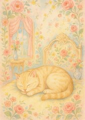 Fototapeta premium Whimsical cat in floral setting.