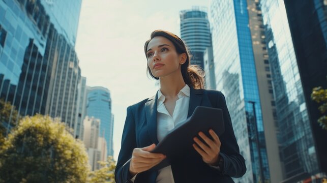 Businesswoman. Cityscape. Urban Background, Professional Style.