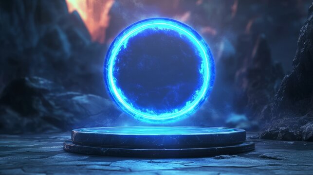 Blue Floating Podium with Neon Glow in Enigmatic Atmosphere