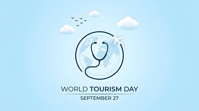 Simple World Tourism Day icon with stethoscope emblem on blue sky background
