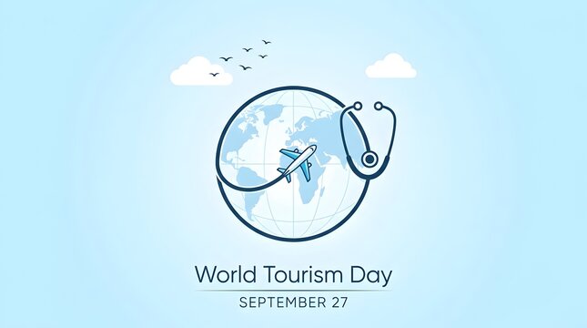 Simple World Tourism Day icon with stethoscope emblem on blue sky background