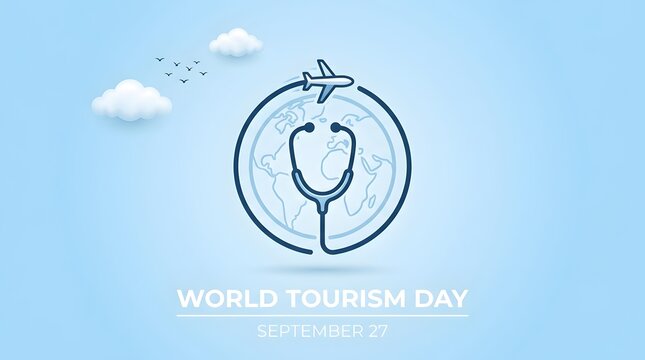 Simple World Tourism Day icon with stethoscope emblem on blue sky background