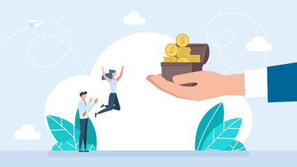 Fototapeta premium Giant hand giving open chest with gold coins to happy business team. Financial bonus reward concept, investor offering cash profit and money capital to employee team. Flat illustration