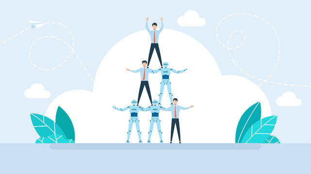 Businessmen and robots building human pyramid together. Human and AI team collaboration, AI partnership, corporate support, technology teamwork and joint success. Flat illustration