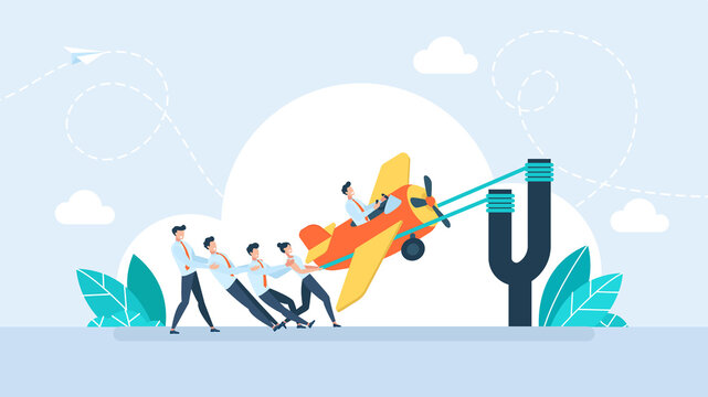 Business team launching airplane with colleague using giant slingshot. Startup project launch concept, teamwork support, boosting business growth and success initiative. Flat illustration