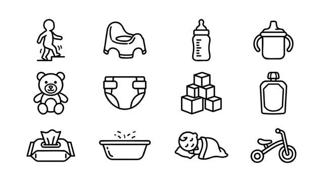 Baby Care and Nursery Outline Icon Set. Editable Stroke Vector