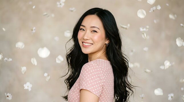 Smiling Asian woman turning with flowing hair in soft beige studio setting