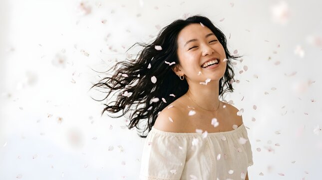 Joyful Asian woman smiling with flowing hair against bright white background