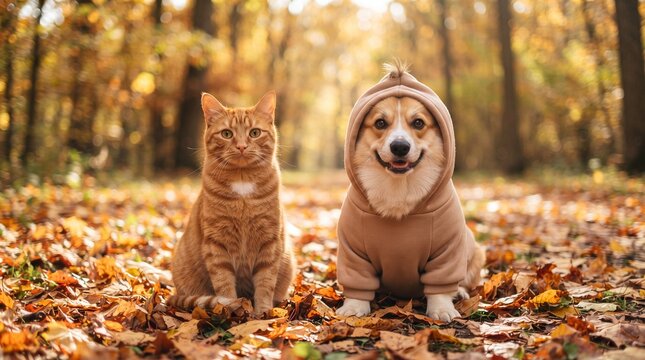 Cute cat and dog in hoodie on autumn leaves background.Fall-Themed Pet. Happy International Cat Day and National Dog Day. 