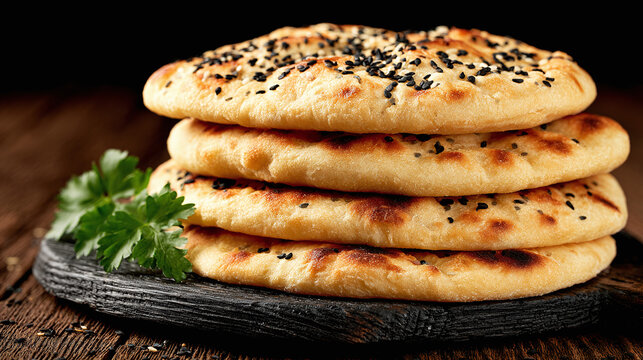 Freshly baked naan bread, a popular indian flatbread, garnished with parsley, golden brown with sesame seeds and char marks, food item