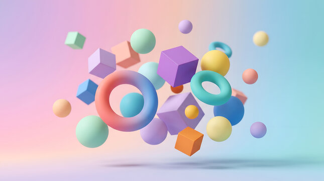 Colorful floating geometric shapes abstract background, vibrant 3D spheres, cubes, and torus rings, smooth matte pastel gradient backdrop, minimal modern studio