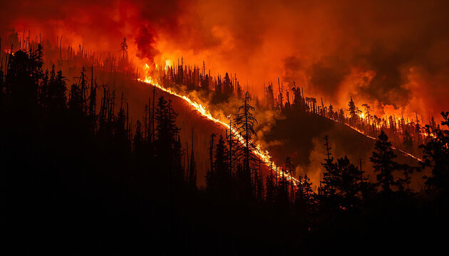 Forest Wildfire Burning Through Woodland at Night with Intense Flames
