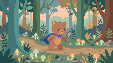 Brave Bear Cub Explorer with Magnifying Glass in Enchanted Forest, Flat Design Illustration with Glowing Mushrooms and Winding Path, Whimsical Woodland Scene © Leandri