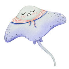 Cute Watercolor Stingray Clipart Isolated on Transparent Background © Patta