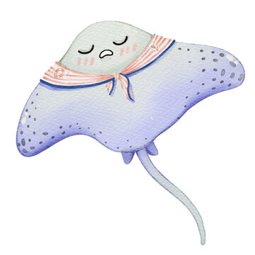 Cute Watercolor Stingray Clipart Isolated on Transparent Background