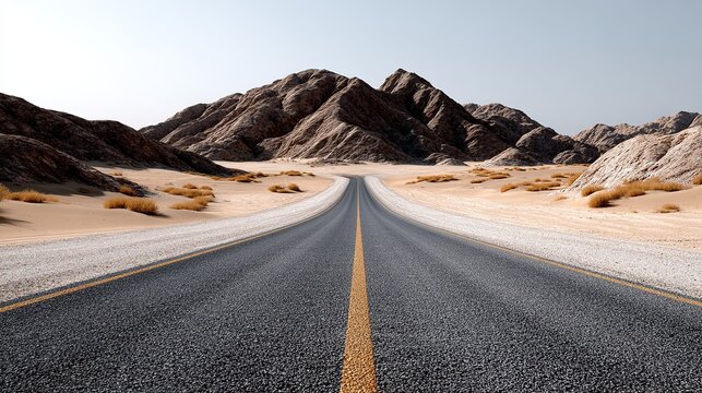 Endless Horizon: An asphalt road stretches toward a rugged mountain range under a clear, expansive sky, evoking a sense of journey and adventure.