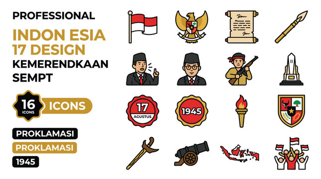 Indonesian Independence Day 17 Icons Proklamasi 1945 Pixel Art Style