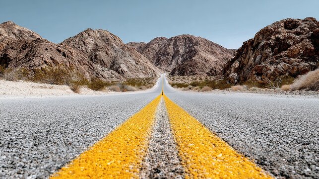 Endless Horizon: An asphalt road stretches into the distance, flanked by rugged mountains under a clear blue sky, symbolizing journey and exploration.