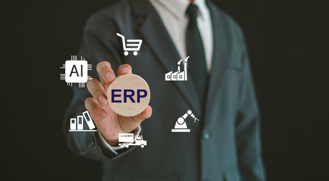 Business professional integrating AI and ERP solutions for enterprise resource planning, smart manufacturing, supply chain management, workflow automation, and digital transformation.