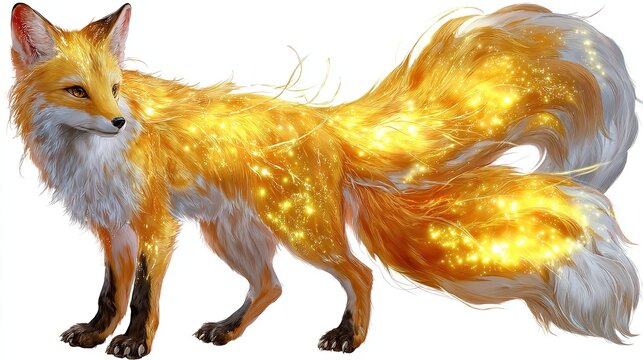 Magical Nine-Tailed Fox: An enchanting, mythical creature, a fox with nine flowing tails, its fur shimmering with golden, fiery sparks, stands poised and mystical.