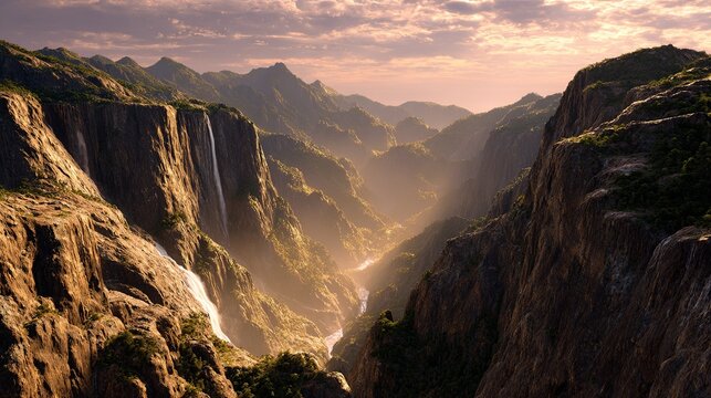 Majestic Mountain Valley at Dawn: A breathtaking vista of towering cliffs and a winding river, illuminated by the soft, ethereal light of early morning. Waterfalls cascade down the rugged slopes.