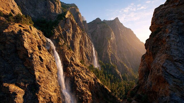 Majestic Mountain Waterfalls: A breathtaking view of cascading waterfalls flowing down rugged, sun-kissed mountain cliffs, surrounded by lush green pine trees under a clear blue sky.