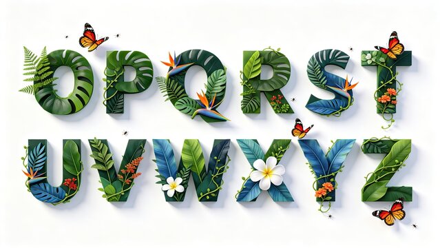 3D tropical plant alphabet letters O‑Z, decorative font with foliage vines flowers butterflies bees on isolated white background for education, packaging, poster, creative title design asset
