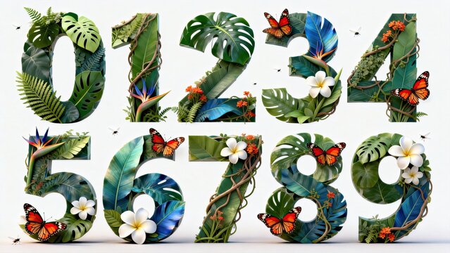 Tropical greenery 3D numerals 0-9, natural number font combined with monstera, flowers, vines and butterflies, fresh decorative design elements on white background