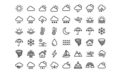 Obraz premium A comprehensive collection of diverse weather forecast outline icons, depicting sun, clouds, rain, snow, wind, and temperature, perfect for meteorological applications.