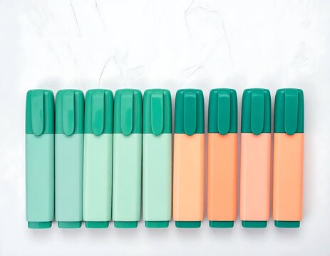 Set of colorful pastel highlighters arranged in a row on white background.