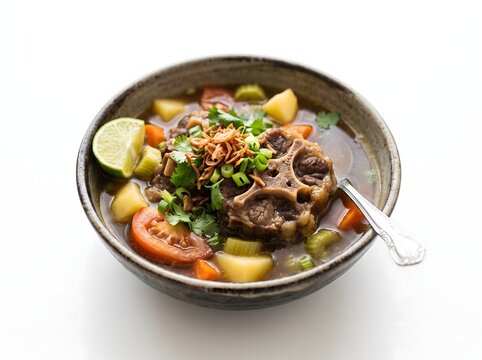 Warm and inviting oxtail soup with tender beef, potatoes, carrots, tomatoes, celery, fried shallots, and lime, served in a rustic bowl