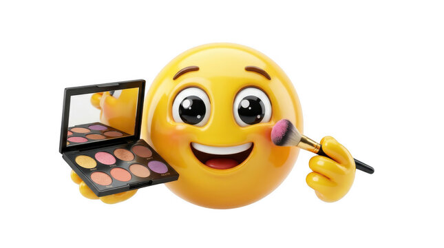 A smiling emoji character holding a makeup palette and makeup brush