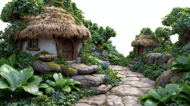 Enchanted Forest Dwelling: A charming pathway meanders through an overgrown, magical forest, leading to quaint, thatched-roof cottages nestled amongst lush greenery and moss-covered stones.