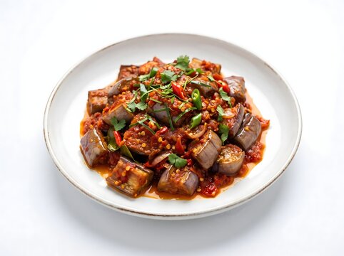 Delicious braised eggplant dish with a rich, spicy sauce and fresh herbs, served in a white ceramic plate on a white background, a culinary delight