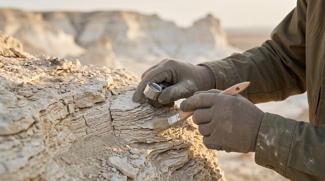 Macro close-up highlighting layered limestone textures within the extraordinary Mangystau rock formations, revealing the natural artistry of Kazakhstan's desert geology.