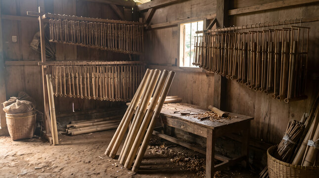Traditional angklung workshop showing bamboo materials and finished instruments, illustrating artisan production, cultural heritage, sustainable craft, and education.