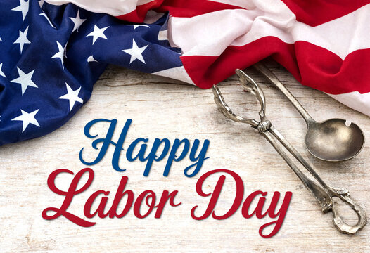 Happy labor day celebration with american flag and vintage ice cream scoop on wooden background