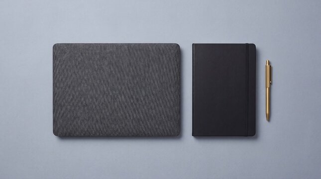 Textured gray laptop sleeve beside black notebook and gold pen on clean light surface top view.
