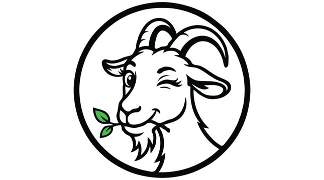 Cute winking goat head holding green leaf logo design in circular frame