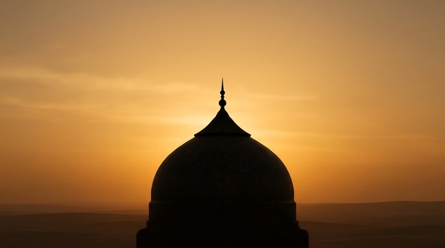 Minimalist silhouette of an Islamic mosque dome against a warm sunset sky.