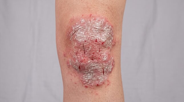 Chronic plaque psoriasis skin condition with red scaly lesions on human knee