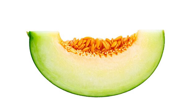 Fresh honeydew melon slice with vibrant orange seeds, perfectly detailed isolated on solid white background4
